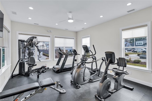 gym featuring ceiling fan