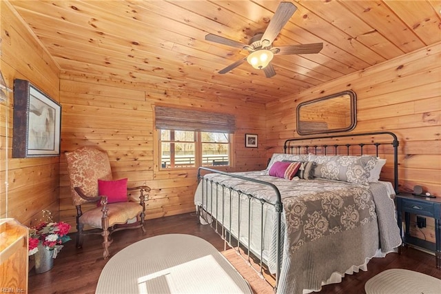 bedroom with wooden walls, wooden ceiling, dark hardwood / wood-style floors, and ceiling fan