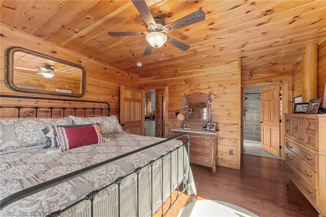 bedroom with dark wood-type flooring, ceiling fan, wood ceiling, and wood walls