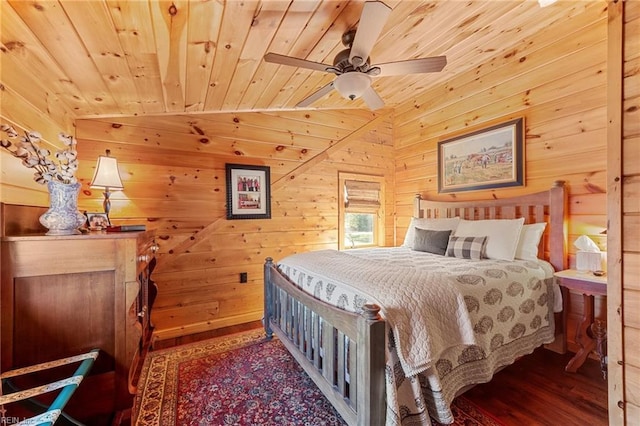 bedroom featuring hardwood / wood-style floors, vaulted ceiling, wooden ceiling, and wooden walls