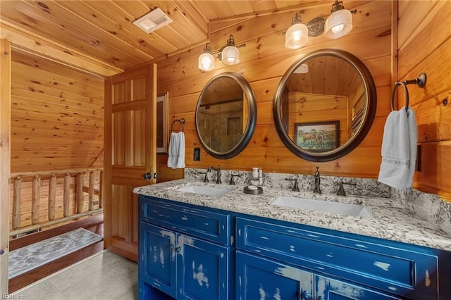 bathroom with vanity, wooden ceiling, and wood walls