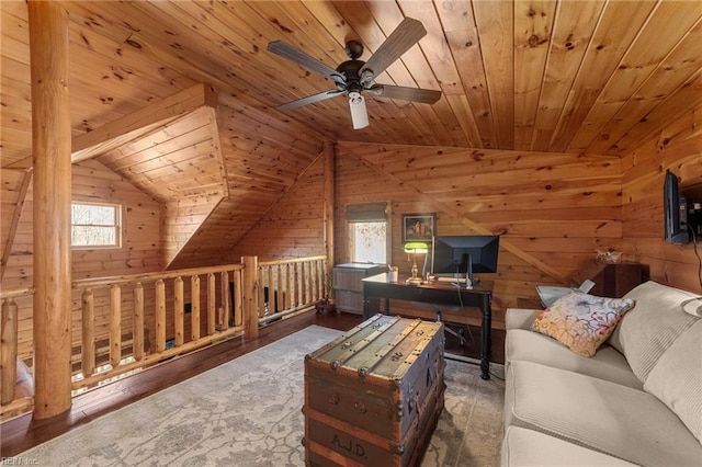 living room featuring dark hardwood / wood-style flooring, wood ceiling, plenty of natural light, and vaulted ceiling