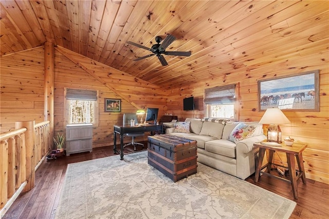 living room featuring hardwood / wood-style flooring, wood ceiling, lofted ceiling, and wooden walls