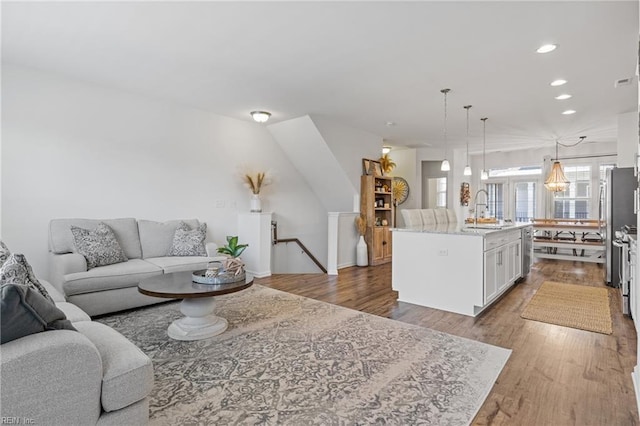 living room featuring sink and dark hardwood / wood-style flooring