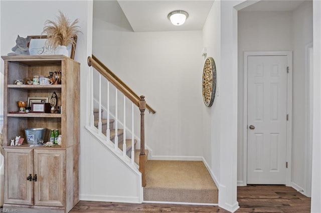 stairway with hardwood / wood-style flooring