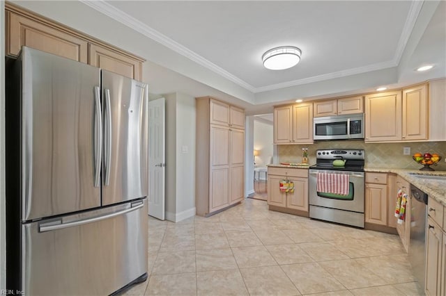 kitchen with stainless steel appliances, crown molding, and light brown cabinetry