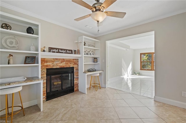 living room featuring light tile patterned floors, crown molding, built in features, and ceiling fan