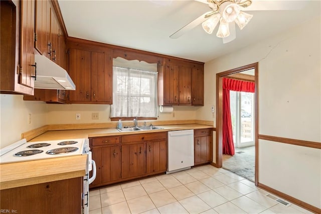 kitchen featuring sink, white appliances, and ceiling fan