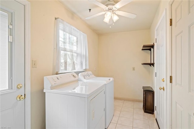 washroom with ceiling fan, light tile patterned floors, and independent washer and dryer