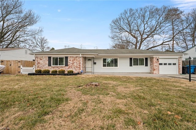 ranch-style home with a garage and a front lawn