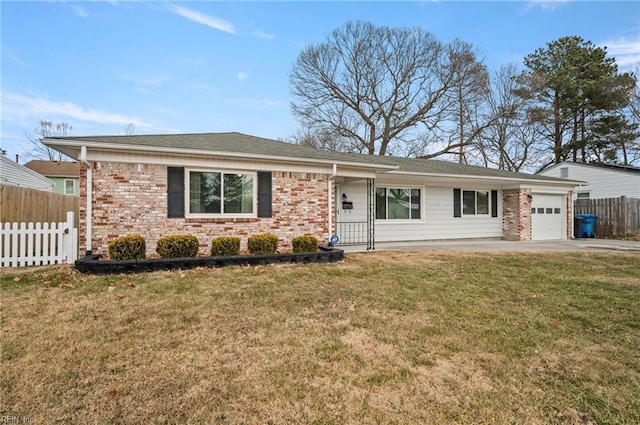 ranch-style house with a garage and a front lawn