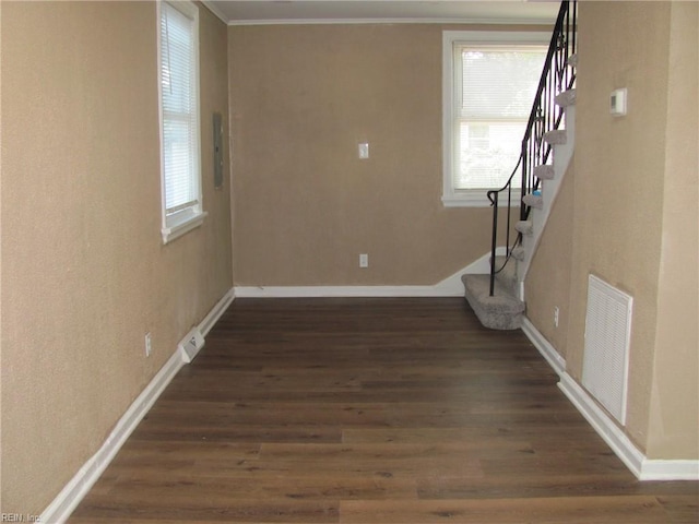 interior space with crown molding and dark wood-type flooring