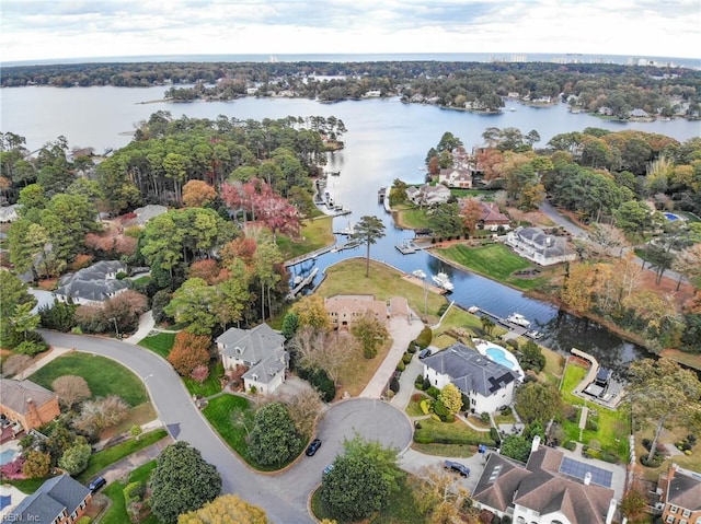 birds eye view of property featuring a water view and a residential view