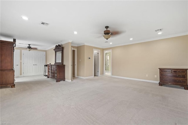 unfurnished living room featuring ceiling fan, recessed lighting, baseboards, and light colored carpet