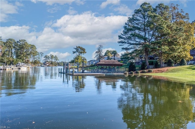 view of water feature with a gazebo and a boat dock