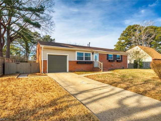 single story home featuring a garage and a front yard