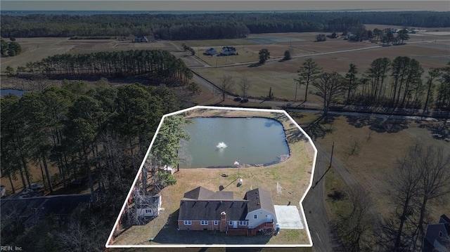 bird's eye view featuring a rural view and a water view