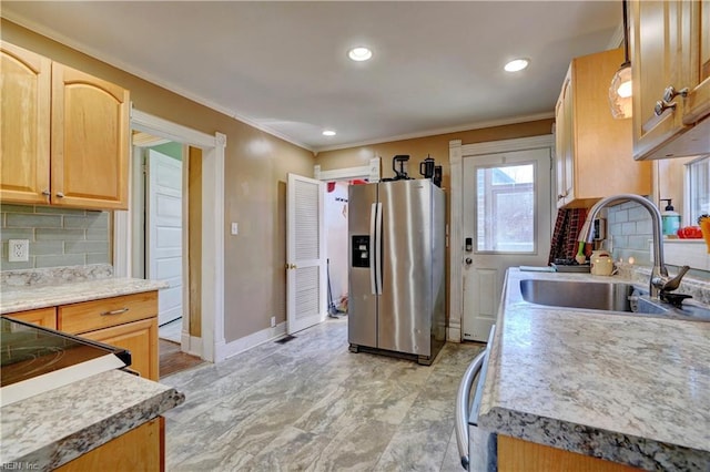 kitchen with light brown cabinetry, tasteful backsplash, sink, crown molding, and stainless steel refrigerator with ice dispenser