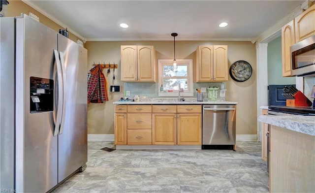 kitchen with appliances with stainless steel finishes, ornamental molding, decorative backsplash, decorative light fixtures, and light brown cabinets