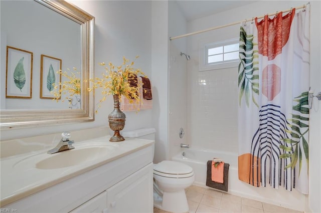 full bathroom featuring shower / bath combination with curtain, tile patterned floors, toilet, and vanity