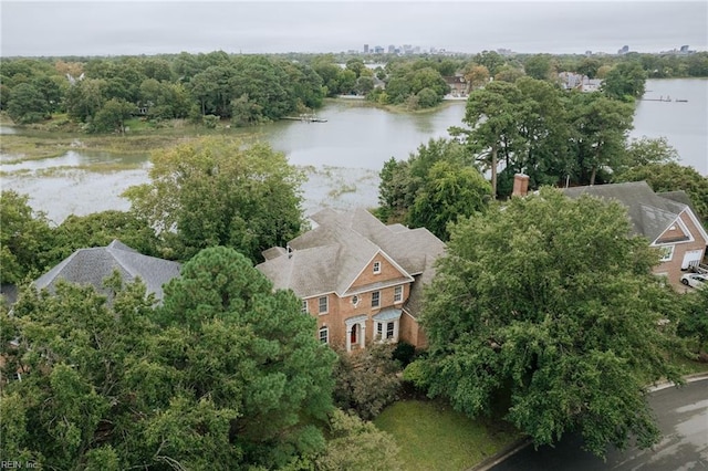 aerial view featuring a water view