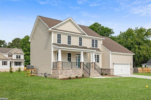 craftsman-style house featuring cooling unit, a garage, a front lawn, and a porch