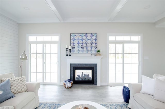 living room featuring a healthy amount of sunlight, hardwood / wood-style flooring, beamed ceiling, and a multi sided fireplace