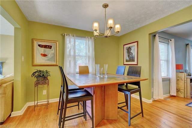 dining area featuring a healthy amount of sunlight, a textured ceiling, and light hardwood / wood-style flooring