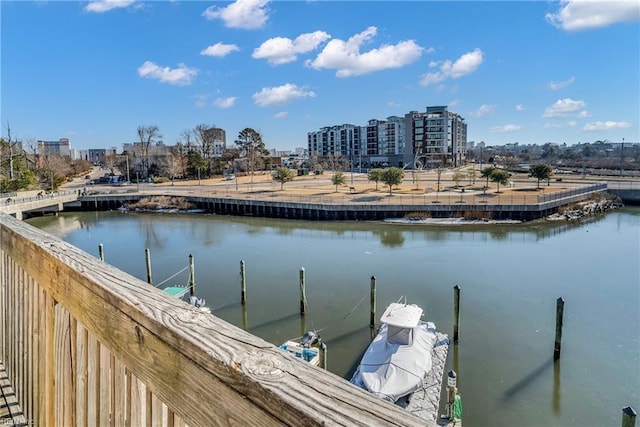 view of dock with a water view