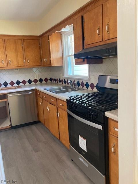 kitchen featuring sink, exhaust hood, dark hardwood / wood-style floors, stainless steel appliances, and backsplash