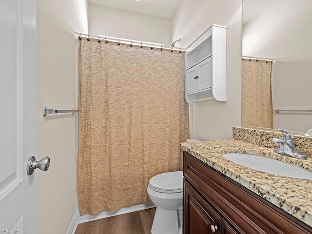 bathroom with vanity, wood-type flooring, and toilet