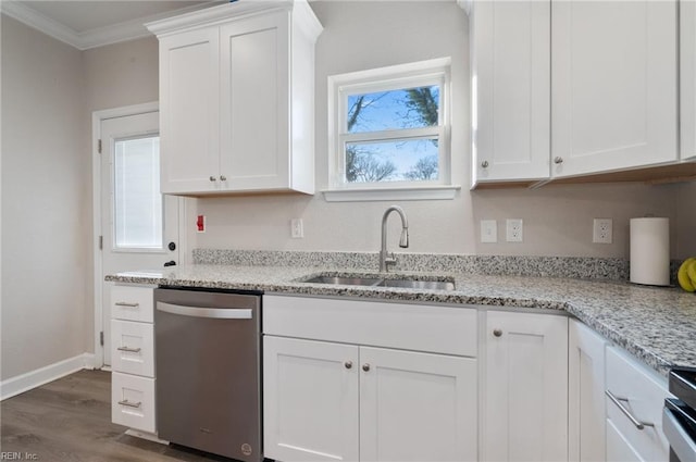 kitchen with sink, dishwasher, white cabinetry, ornamental molding, and light stone countertops