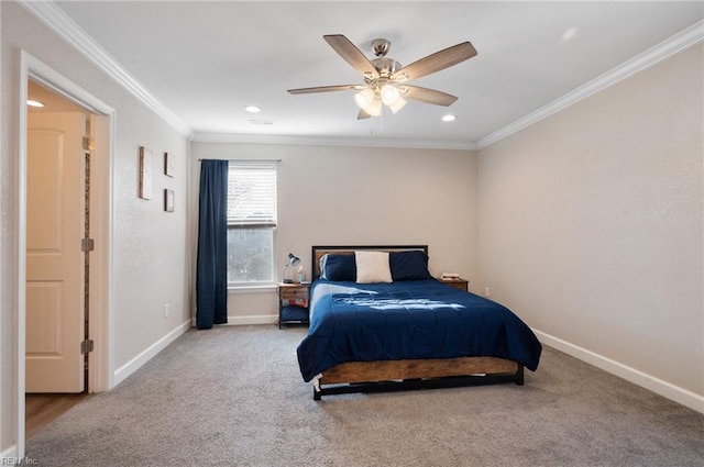 bedroom with crown molding, light colored carpet, and ceiling fan