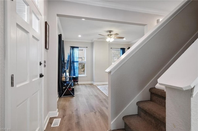 foyer entrance with ceiling fan, ornamental molding, and light hardwood / wood-style floors