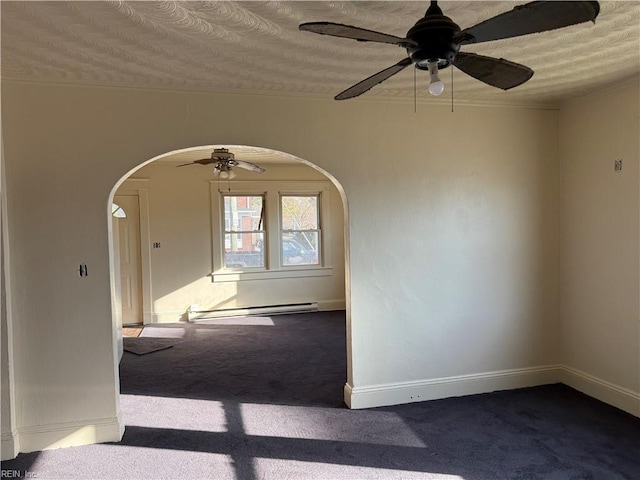 empty room featuring carpet flooring, a textured ceiling, ceiling fan, and baseboard heating