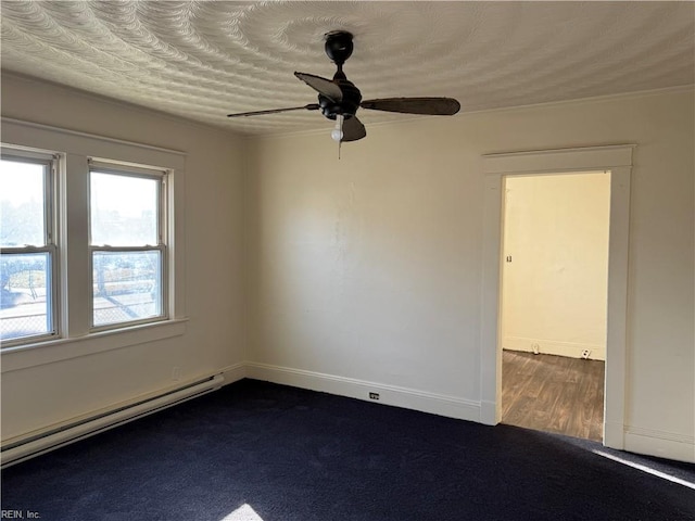 unfurnished room with a baseboard radiator and ceiling fan