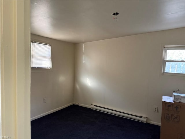 empty room featuring dark colored carpet and a baseboard radiator