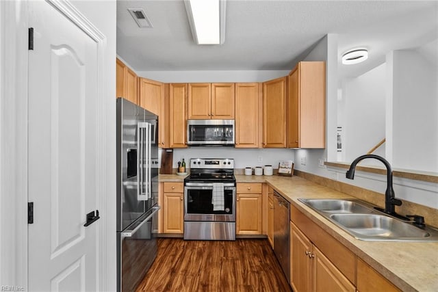 kitchen with light brown cabinetry, sink, dark hardwood / wood-style floors, and appliances with stainless steel finishes