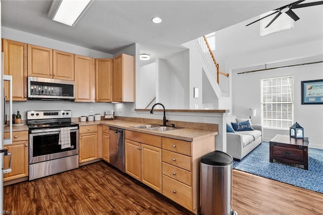 kitchen featuring sink, kitchen peninsula, stainless steel appliances, dark wood-type flooring, and light brown cabinets