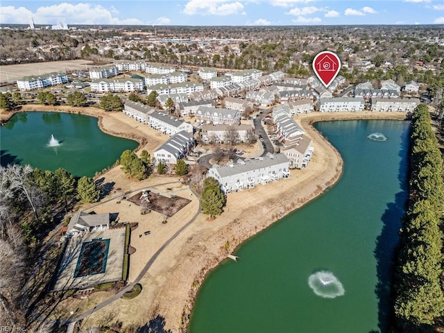 drone / aerial view featuring a water view