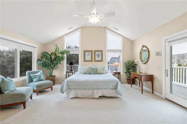 bedroom with light carpet, access to outside, lofted ceiling, and ceiling fan