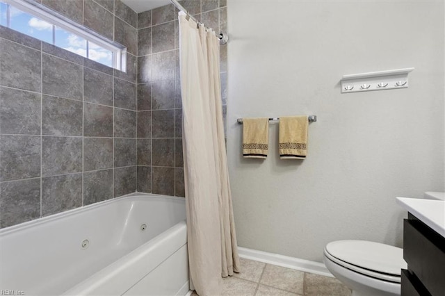 full bathroom with shower / bathtub combination with curtain, vanity, and toilet