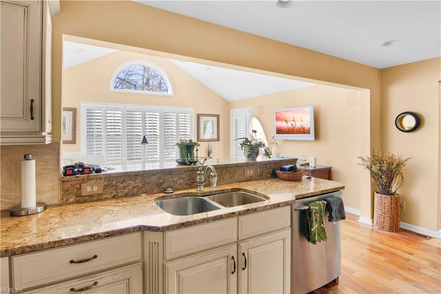 kitchen with light stone countertops, sink, stainless steel dishwasher, and backsplash