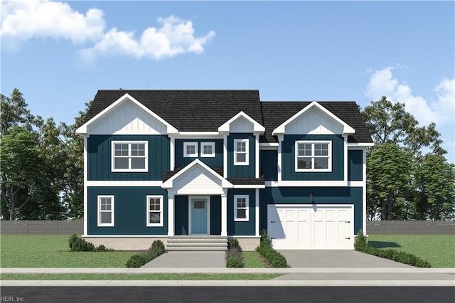 view of front of property with board and batten siding, concrete driveway, fence, and a garage