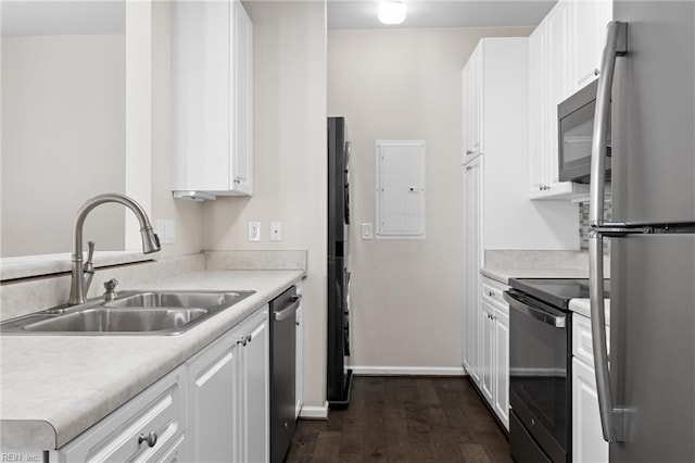 kitchen with dark hardwood / wood-style floors, sink, white cabinets, electric panel, and stainless steel appliances