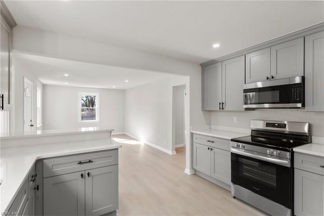 kitchen with stainless steel appliances, light hardwood / wood-style flooring, and gray cabinetry