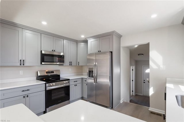 kitchen with gray cabinets, stainless steel appliances, and dark hardwood / wood-style floors