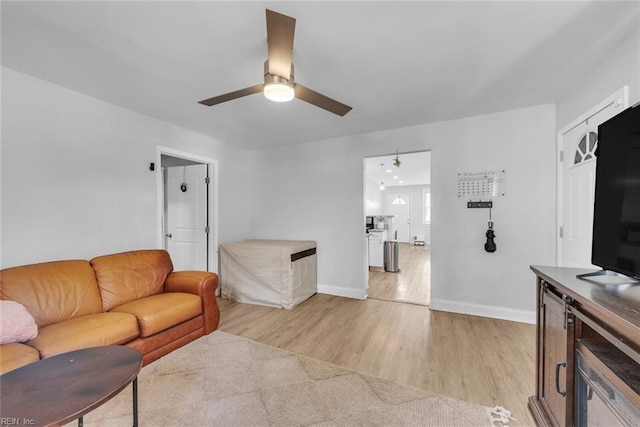 living room with ceiling fan and light wood-type flooring