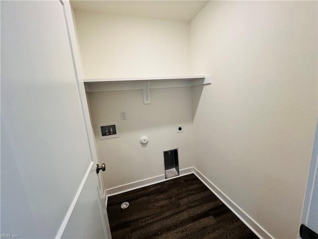 washroom featuring electric dryer hookup, hookup for a washing machine, wood-type flooring, and gas dryer hookup