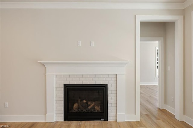 interior details featuring wood-type flooring and a fireplace